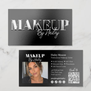 Makeup Artist Modern Black Glossy Photo QR Luxury Raised Spot UV Business Card