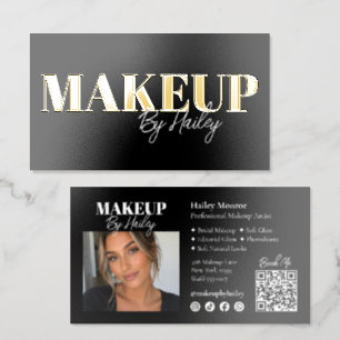 Makeup Artist Modern Black Gold Foil QR Luxury Business Cards
