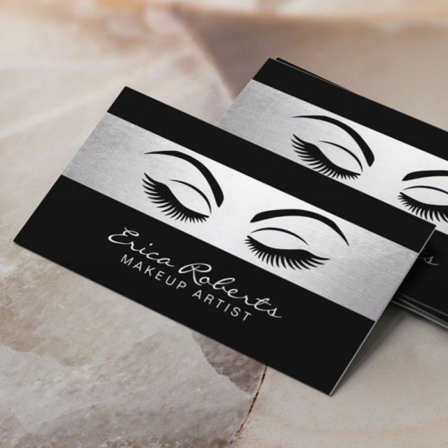 Makeup Artist Modern Black & Silver Salon Business Card (Creator Uploaded)