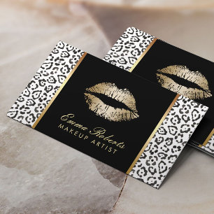 Makeup Artist Modern Black White Leopard Gold Lips Business Card