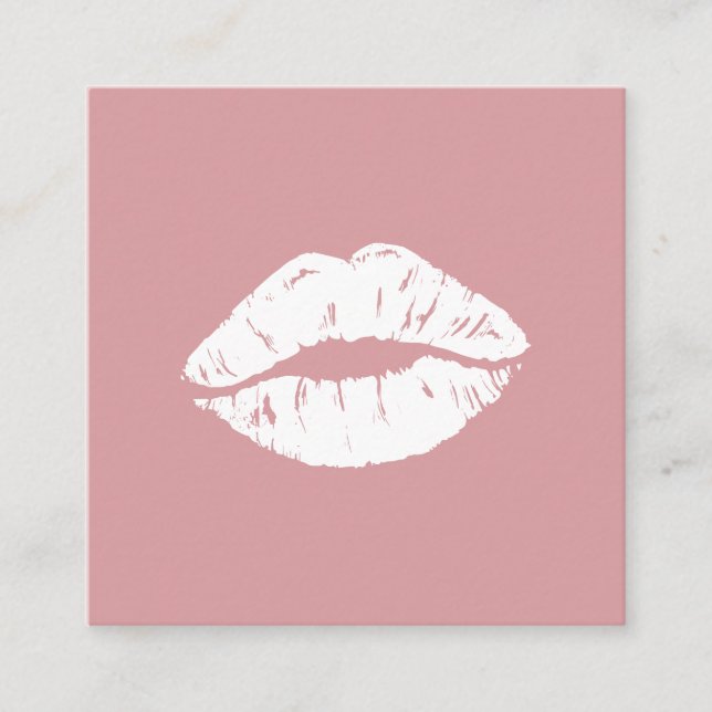 Makeup artist modern blush pink white lips kiss square business card (Front)