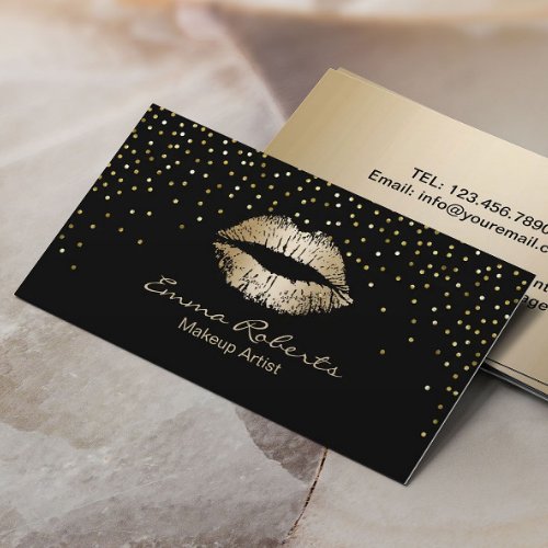 Makeup Artist Modern Confetti Dots Gold Kiss Business Card