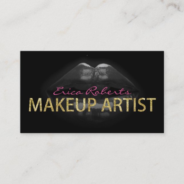 Makeup Artist Modern Dark Lips Gold Text Business Card (Front)