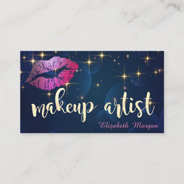 Makeup Artist Modern Glittery Lips Stars Navy Blue Business Card (Front)