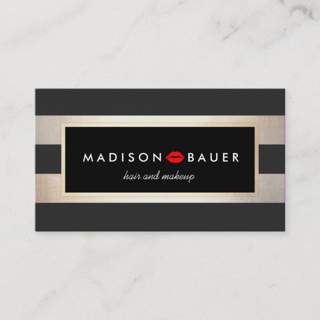  Makeup Artist Modern Gold and Black Stripes Kiss  Business Card (Front)