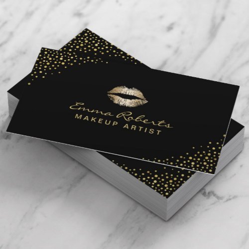 Makeup Artist Modern Gold Lips Chic Confetti Dots Business Card