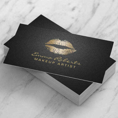 Makeup Artist Modern Gold Lips Elegant Black Business Card