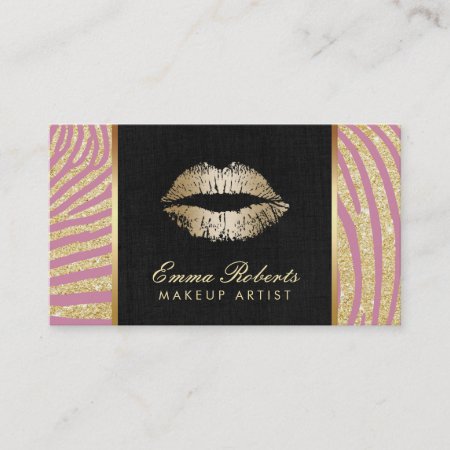 Makeup Artist Modern Gold & Pink Zebra Stripes Business Card