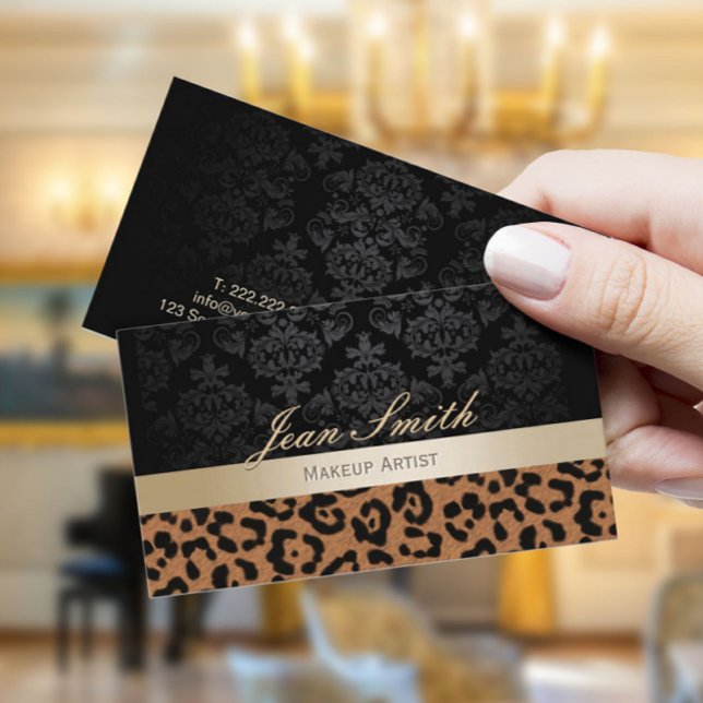 Makeup Artist Modern Leopard Print Gold Stripe Business Card (Creator Uploaded)