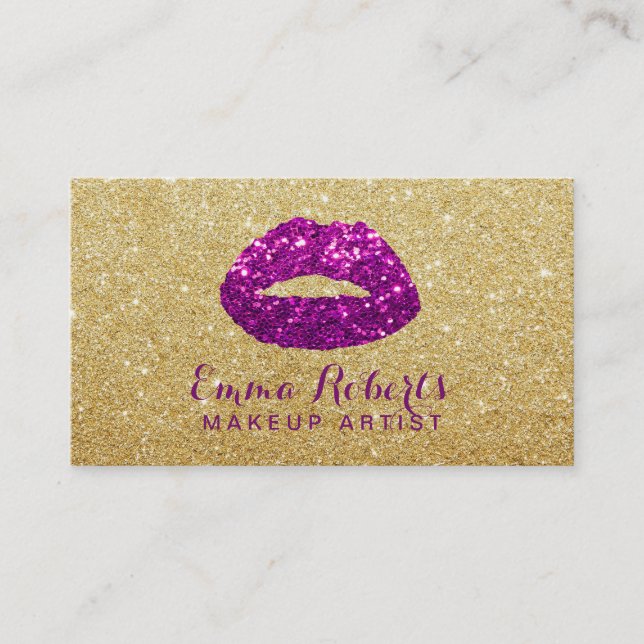 Makeup Artist Modern Lips Gold & Purple Glitter Business Card (Front)