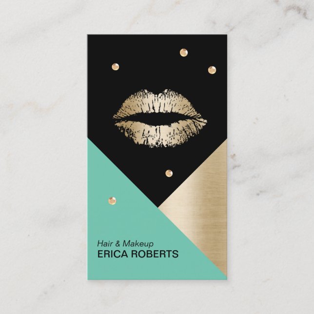 Makeup Artist Modern Lips Turquoise Gold & Black Business Card (Front)