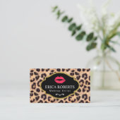 Makeup Artist Modern Red Lips Leopard Print Salon Business Card (Standing Front)