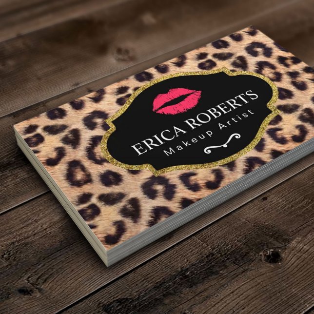 Makeup Artist Modern Red Lips Leopard Print Salon Business Card