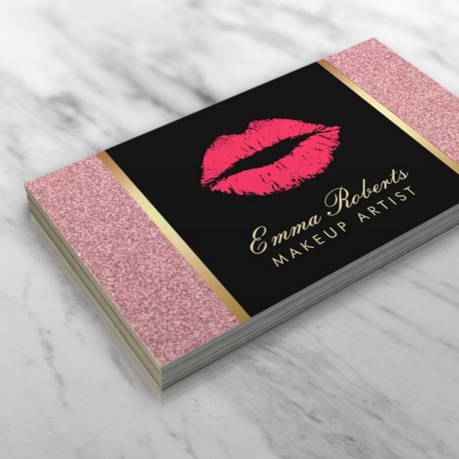 Makeup Artist Modern Red Lips Rose Gold Glitter Business Card (Creator Uploaded)