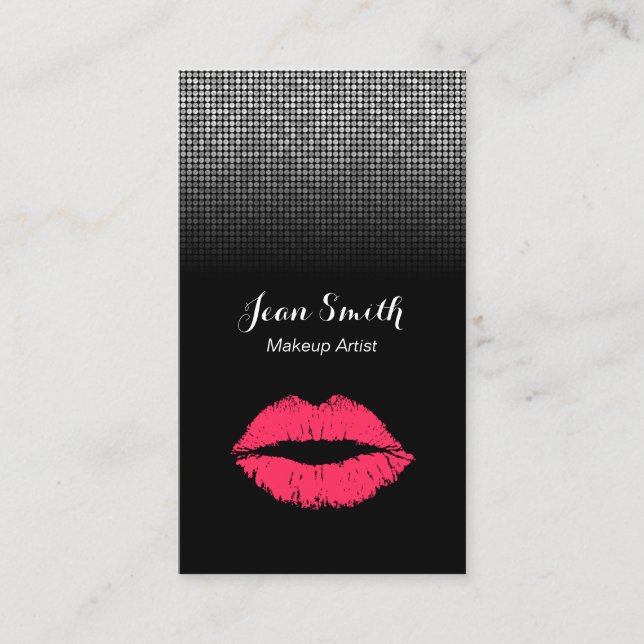 Makeup Artist Modern Red Lips Silver Sequins Business Card (Front)
