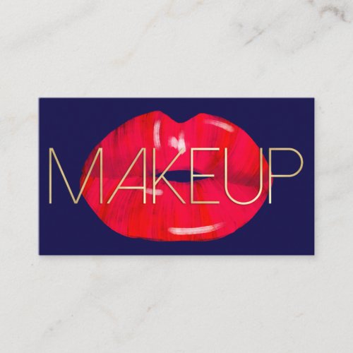 Makeup Artist Modern Red Navy Gold Lip Typography Business Card