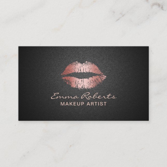Makeup Artist Modern Rose Gold Lips Elegant Black Business Card (Front)