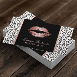 Makeup Artist Modern Rose Gold Lips Leopard Business Card