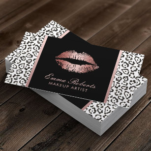 Makeup Artist Modern Rose Gold Lips Leopard Business Card