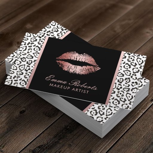 Customizable Makeup Artist Modern Rose Gold Lips Leopard Business Card