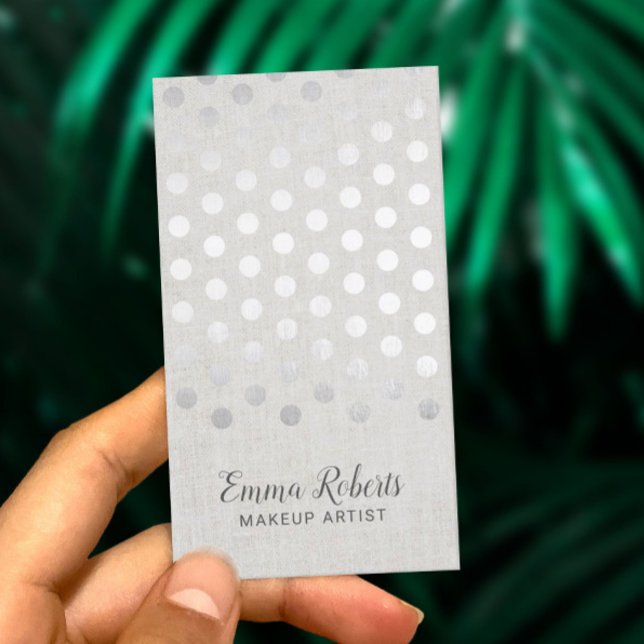 Makeup Artist Modern Silver Polka Dots Faux Linen Business Card (Creator Uploaded)