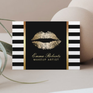 Makeup Artist Modern Stripes Gold Lips Chubby Business Card