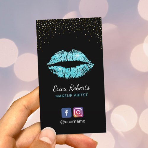 Makeup Artist Modern Turquoise Glitter Lips Salon Business Card