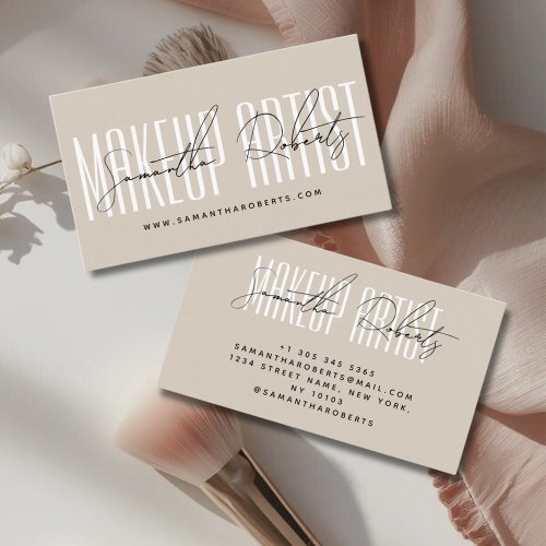 Makeup artist modern typography script beige business card
