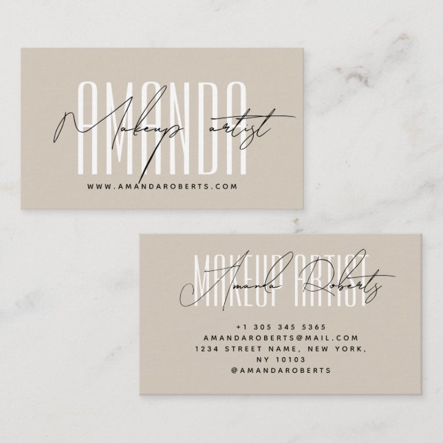 Makeup artist modern typography script beige business card (Front/Back)