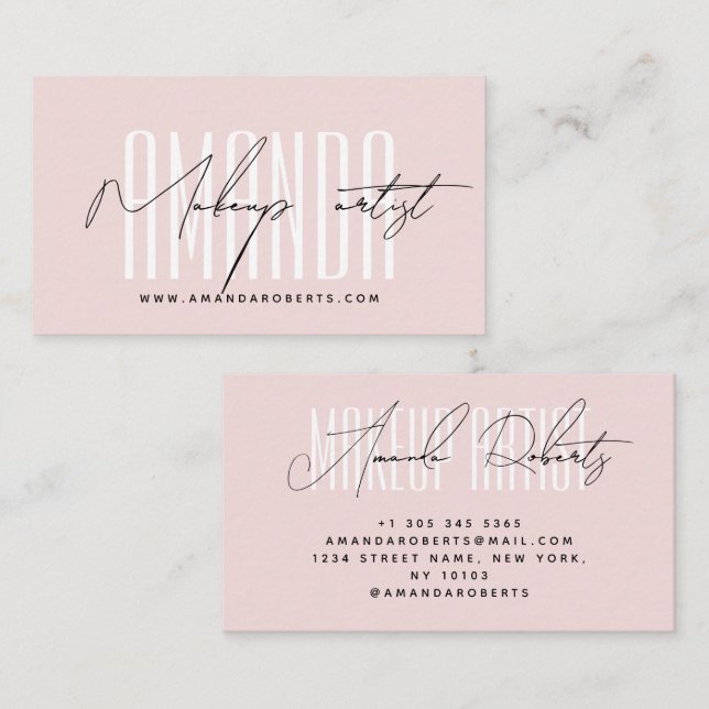 Makeup artist modern typography script blush pink business card (Front/Back)
