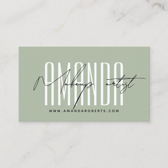 Makeup artist modern typography script sage green business card (Front)