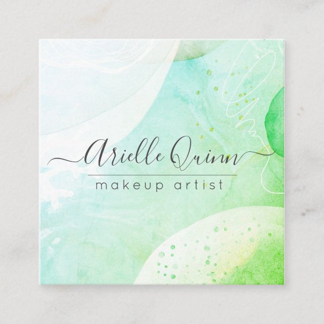 Makeup Artist Modern Watercolor Shapes Script Square Business Card (Front)