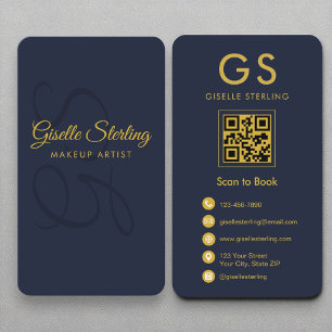 Makeup Artist Monogram Navy Blue Gold QR Code Business Card