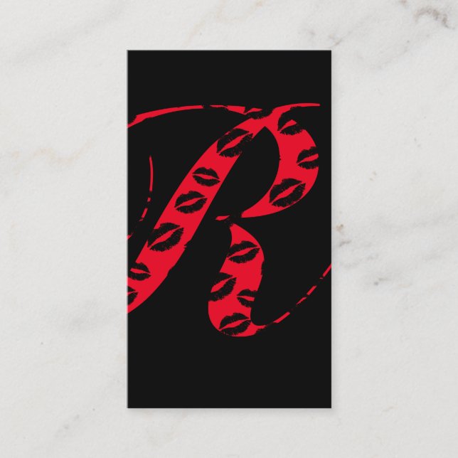 Makeup Artist Monogram Script Initial Black & Red Business Card (Front)