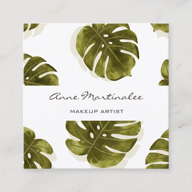 Makeup Artist Monstera Leaf Square Business Card (Front)