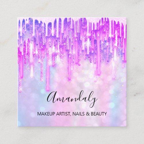 Makeup Artist Nail Logo Drips Holograph Pink Blue Square Business Card