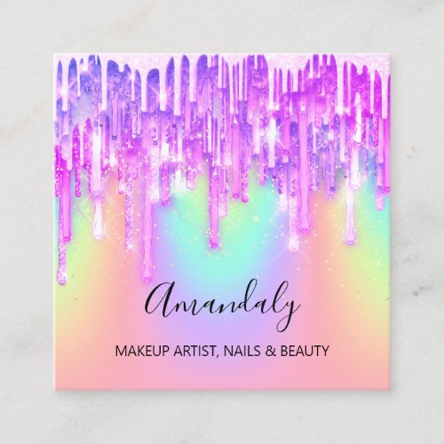 Makeup Artist Nail Logo Drips Holograph Unicorn Square Business Card