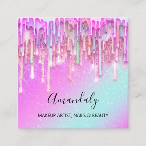 Makeup Artist Nail Logo Pink Drips Holograph Blue Square Business Card