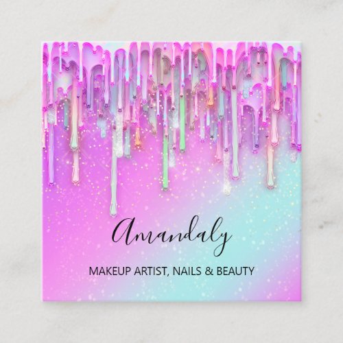 Makeup Artist Nail Logo Pink Drips Holograph Blues Square Business Card