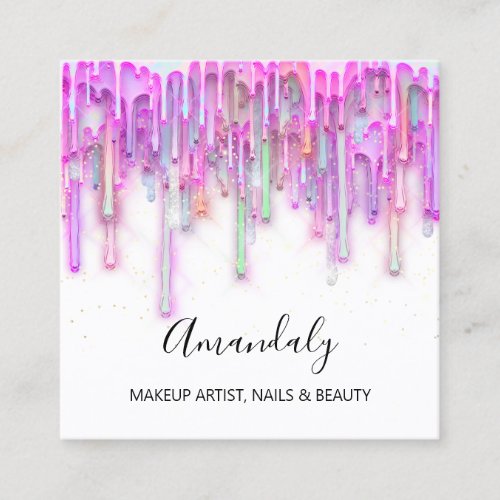 Makeup Artist Nail Logo Pink Drips Holograph White Square Business Card