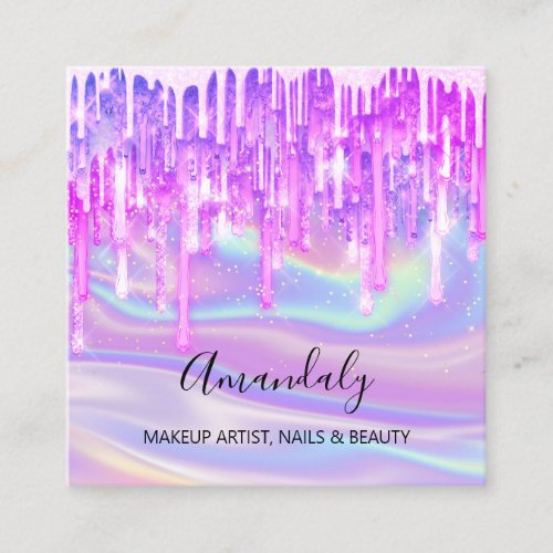 Makeup Artist Nail Logo Pink Glitter Holograph Blu Square Business Card