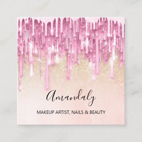 Makeup Artist Nail Logo Rose Glitter Confetti Pink Square Business Card