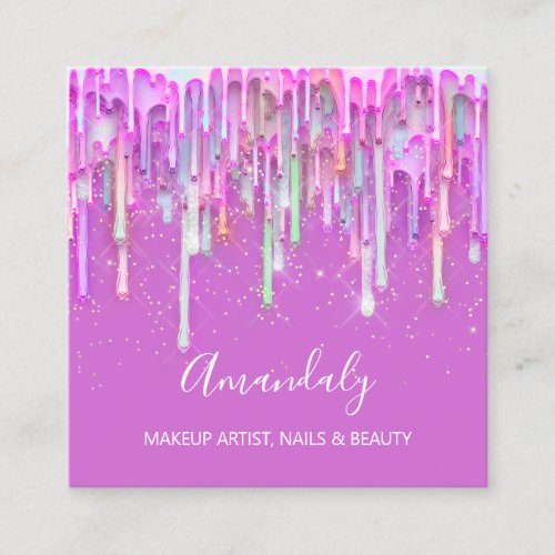 Makeup Artist Nail Studio Logo  Drips Holograph  Square Business Card