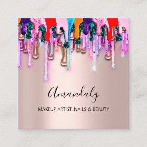 Makeup Artist Nails Drips Glitter Logo Blush Square Business Card