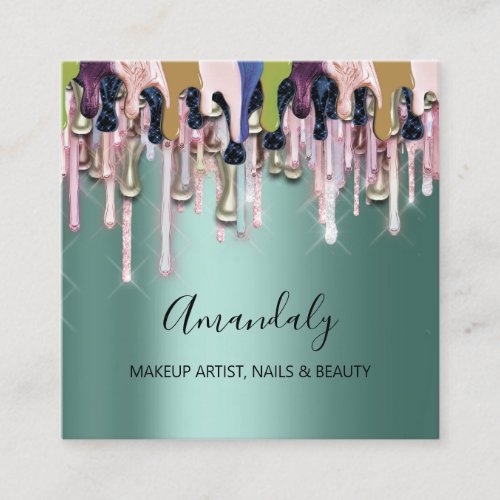 Makeup Artist Nails Drips Glitter Logo Mint Green Square Business Card