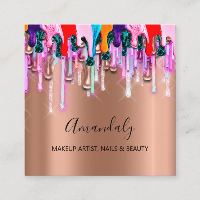 Makeup Artist Nails Glitter 3D Glitter Logo Rose Square Business Card (Front)