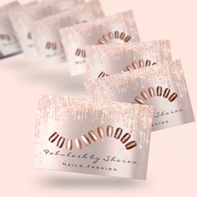 Makeup Artist Nails Glitter Drips Rose Gold Business Card Zazzle 6959