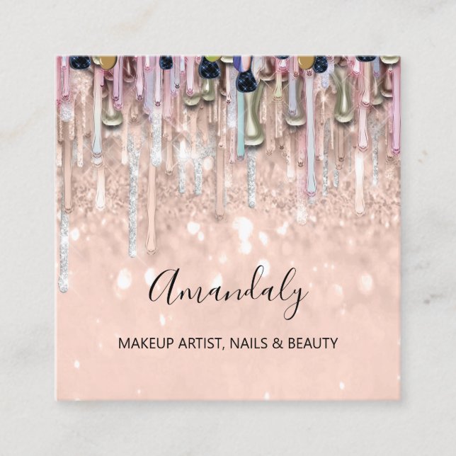 Makeup Artist Nails Glitter Logo Rose Drips 3D  Square Business Card (Front)