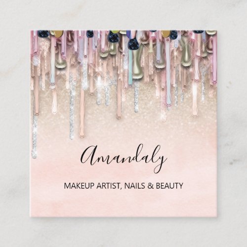 Makeup Artist Nails Glitter Logo Rose Drips Blush Square Business Card