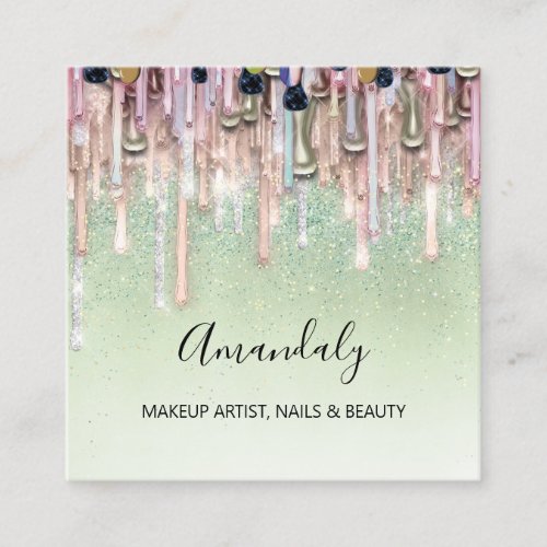 Makeup Artist Nails Glitter Logo Rose Drips Green Square Business Card